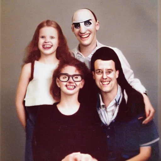 Prompt: creepy family photo, googly eyes, teeth, photo from the 80s