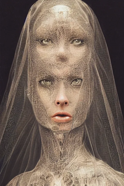 Image similar to a beautiful ultradetailed vintage photo of a veiled cybernetic cyborg, by tom bagshaw and james christensen, embroidered lace chapel veil, portrait, cybernetic implants, vignette, 3 5 mm lens, golden ratio composition, detailed face, studio photography, very detailed, humanoids, mechanical robotic armor, masterpiece!, artstation, 8 k, highly coherent