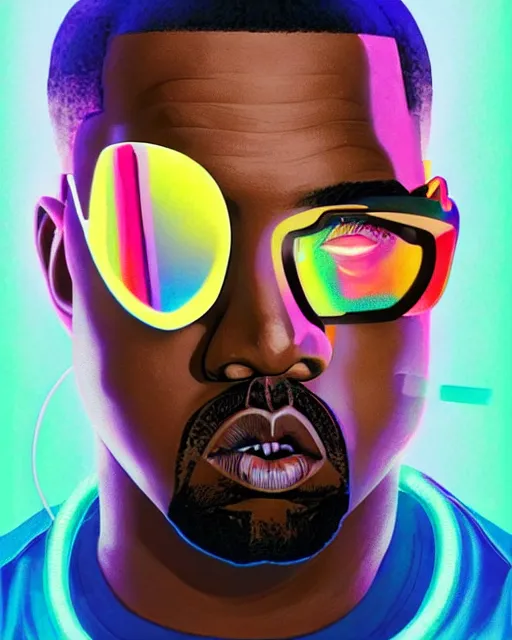 Prompt: kanye west as future coder man looking on, sleek cyclops display over eyes and sleek bright headphoneset, neon accent lights, holographic colors, desaturated headshot portrait digital painting by dean cornwall, rhads, john berkey, tom whalen, alex grey, alphonse mucha, donoto giancola, astronaut cyberpunk electric