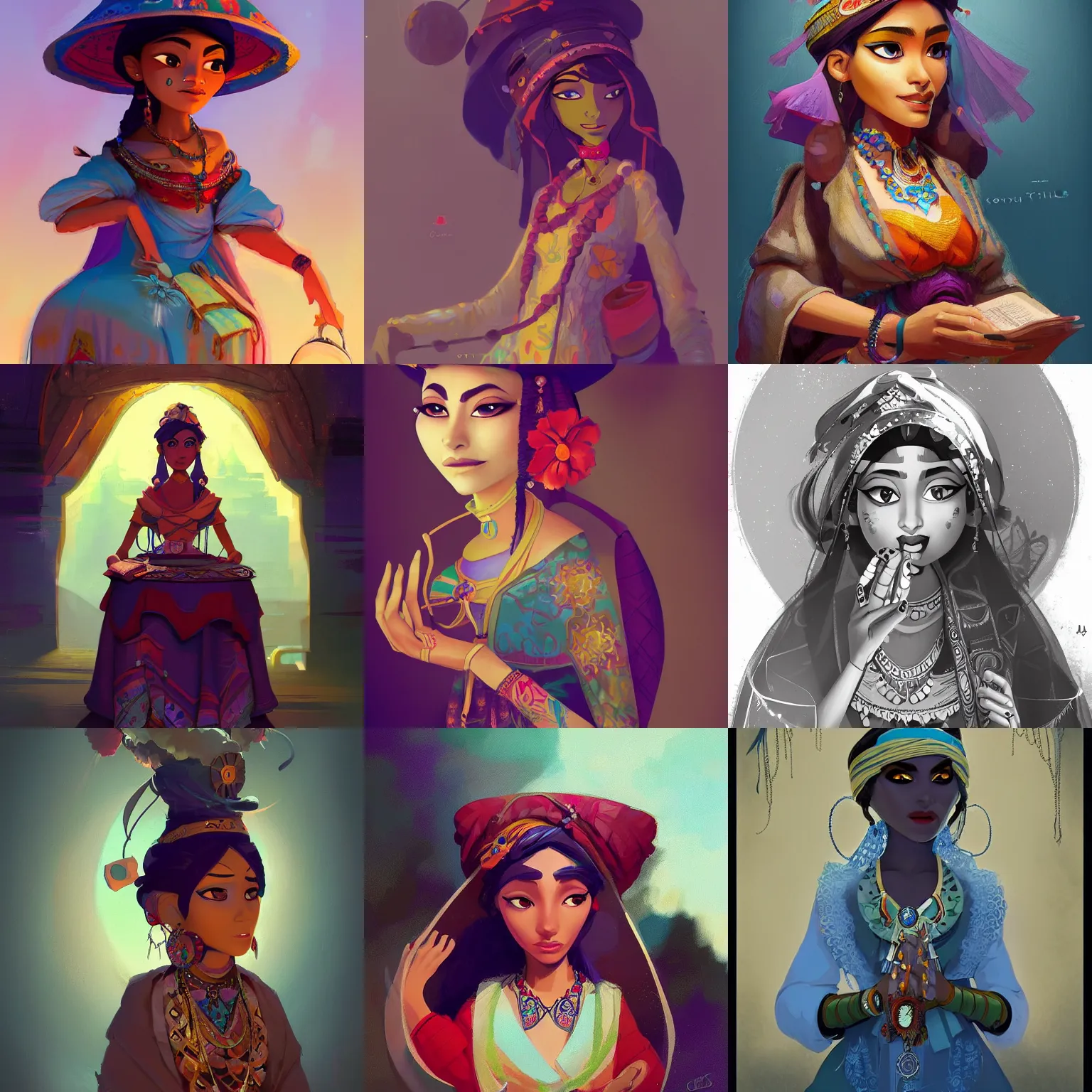 Prompt: a beautiful artwork of a gipsy fortune teller by Cory Loftis featured on artstation