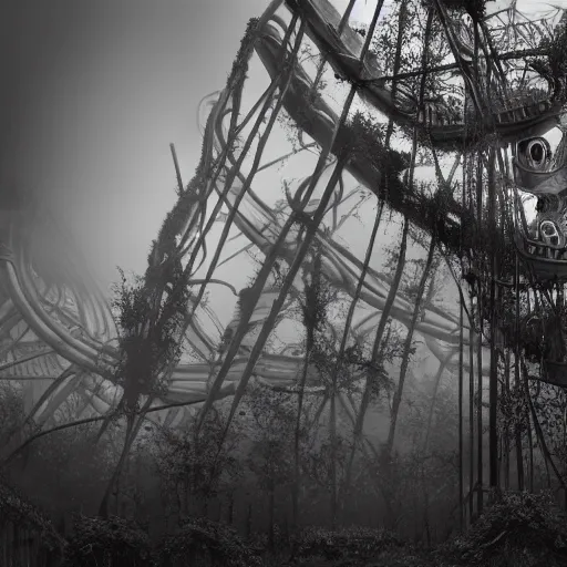 Image similar to abandoned theme park with large rollercoaster that has vines hanging from it, sharp focus, fog, hazy, creepy ambiance, desaturated, highly detailed, artgerm, rutkowski