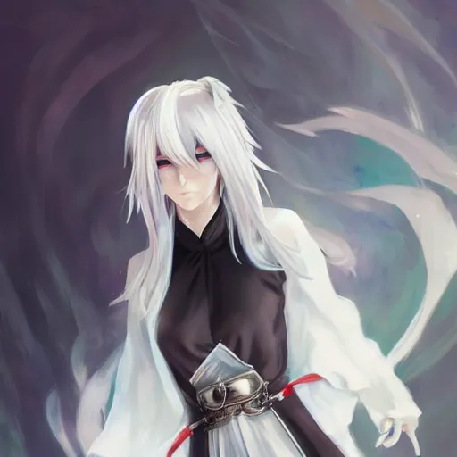 Prompt: white haired parted down the middle, wearing white hakama anime man with black colored eyes, full body portrait made by Stanley Artgerm, WLOP, Rossdraws, James Jean Andrei Riabovitchev, Marc Simonetti, Yoshitaka Amano, Artstation
