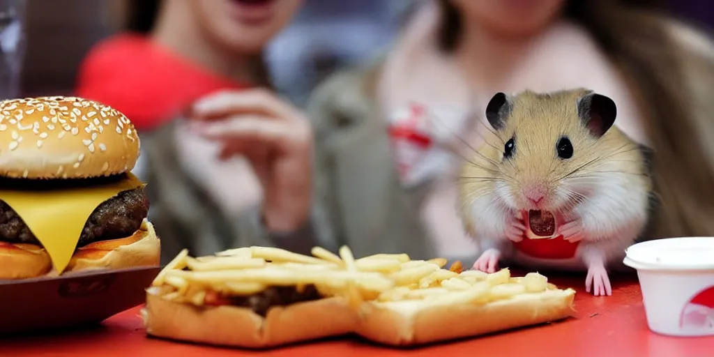 Prompt: a hamster eating burger at kfc, looks very happy