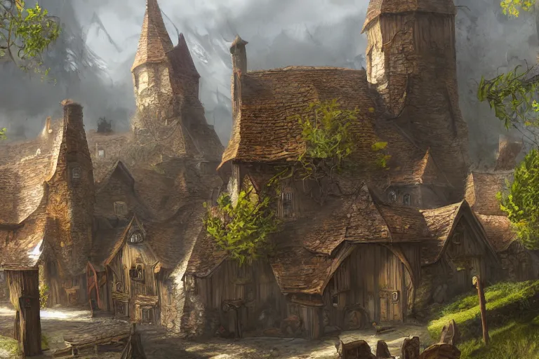 Prompt: A small medieval village, fantasy, D&D, concept art, sharp focus, trending on artstation, digital painting, midday, sunny, beautiful, texture, wizards of the coast, tabletop, roleplay