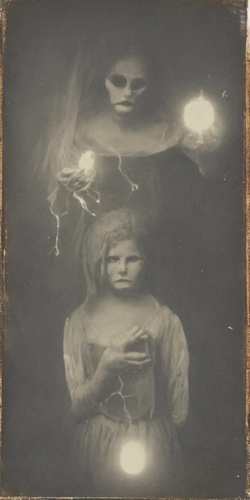 Image similar to spirit photography with glowing bulbous ectoplasm, scary reed people, sleep paralysis demon, 1 9 0 0 s, slimer, mourning family, invoke fear and dread, old photograph, daguerreotype, face of mona liza in the center