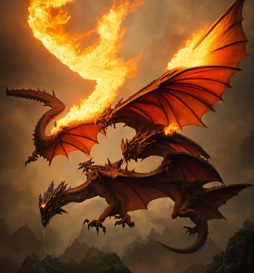 Image similar to fantasy creature setting, a flying dragon with huge wings, scales, smoke, fire by andreas rocha, peter mohrbacher, monster hunter rise 8 k 3 d photoreal rich detail photography