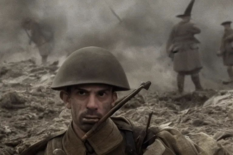 Prompt: jay baruchel smoking cigar, as world war 1 soldier in the trenches, 4 k hdr imax cinematography by roger deakins, award winning shot, beautiful composition, principal photography, vfx action shot