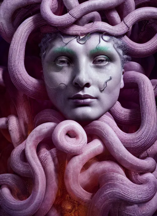 Image similar to medusa made of soft wax, wooden art nouveau swirls, strong subsurface scattering, cables, tubes, subsurface scattering, in the style of ruan jia and beeple and giger, subsurface scattering, mystical colors, back light, rim light, dramatic lighting, 8 k, stunning scene, raytracing, octane render, trending on artstation