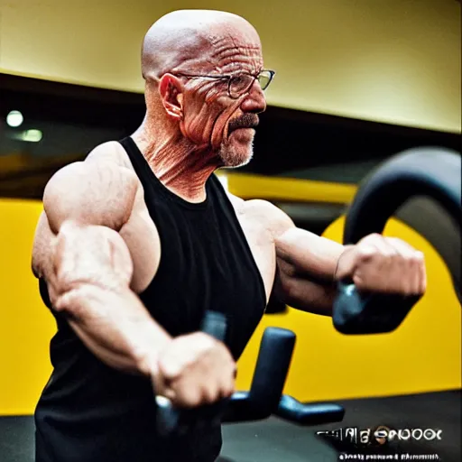 Prompt: “photograph of Walter white working out at the gym, 50mm bokeh, studio lighting, golds gym,”