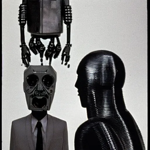 Prompt: possession (1981) movie still, still, robot head and man head,