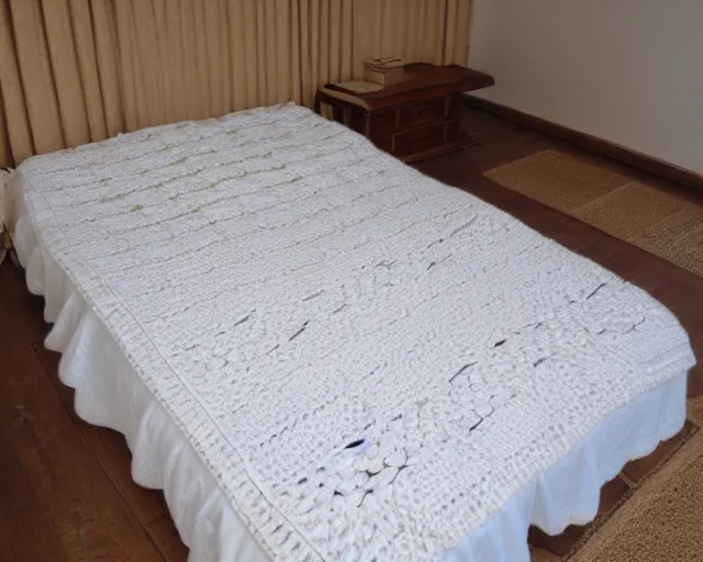 Prompt: crocheted bed, entire bed made of thick soft yarn woven in intricate patterns, comfy, comfortable, warm, soothing, relaxing, wholesome