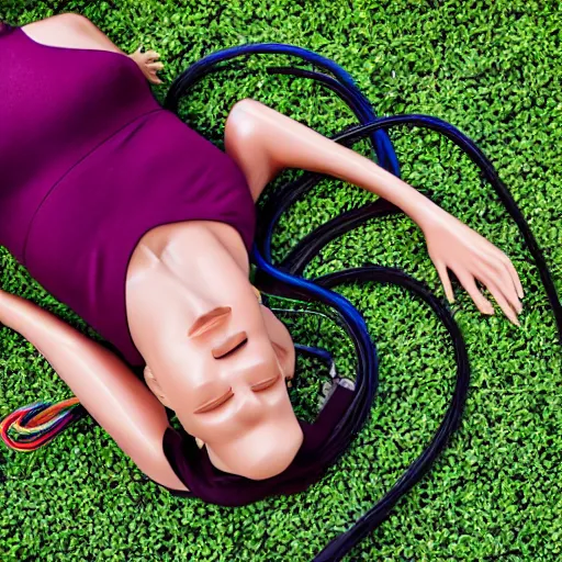 Image similar to a bunch of data cables in the shape of a beautiful woman, laying on the ground, realistic sculpture,