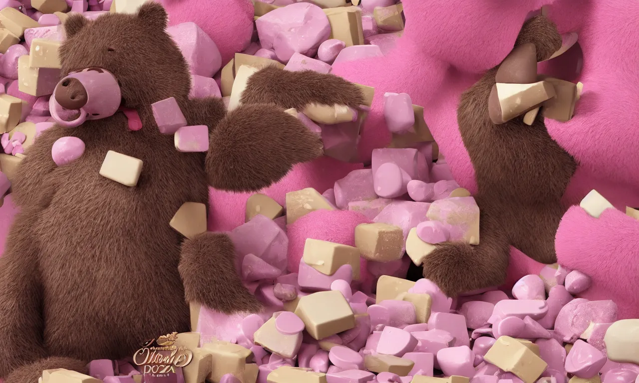 Prompt: A pink chocolate bear is inside a box and holding a white chocolate hammer surrounded by chocolate candies. From Blade Runner 2049 (2017), tooth wu, alfons, mucha, trending on artstation, 4k ultra hd, super detailed, octane render,