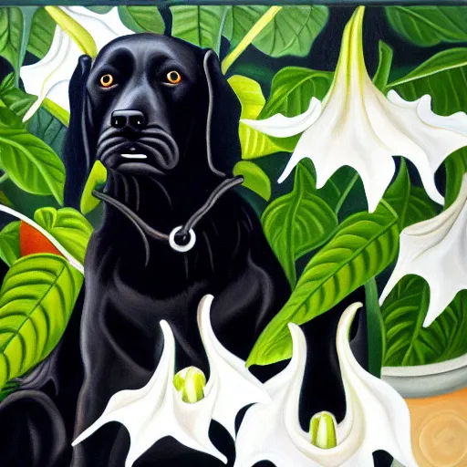 Prompt: oil painting of a black dog bearing its fangs next to white brugmansia suavolens flowers, with a dark background