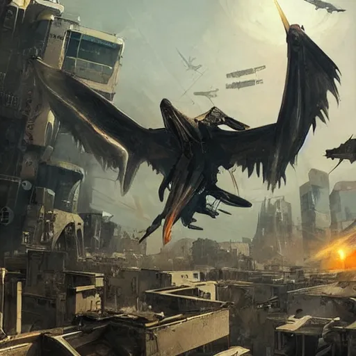 Prompt: a pterodactyl flying over a destroyed cyberpunk city shooting lasers from guns strapped to its wings fantasy, by greg rutkowski