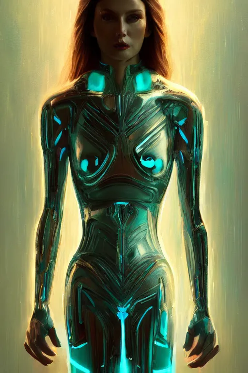 Prompt: full figure portrait, dynamic pose, of a thin elongated female android made of chrome and wood, lean sleek styling, feminine curves, reflective, inscribed etched with gnostic runes, lines of deeply inset glowing turquoise by jessica rossier