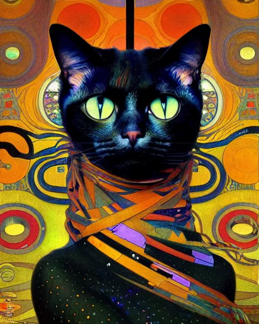 Image similar to futuristic cat portrait an oil painting splashes with many colors and shapes by gustav klimt greg rutkowski and alphonse mucha, polycount, generative art, psychedelic, fractalism, glitch art