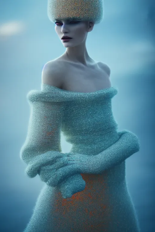 Image similar to a model wearing haute couture from chanel in an environment envisioned by killian eng and moebius, macro photography, long exposure photograph, surrealism, anamorphic bokeh, cozy, soft light, orange and teal, caustic, atmospheric fog, octane render, cinematic