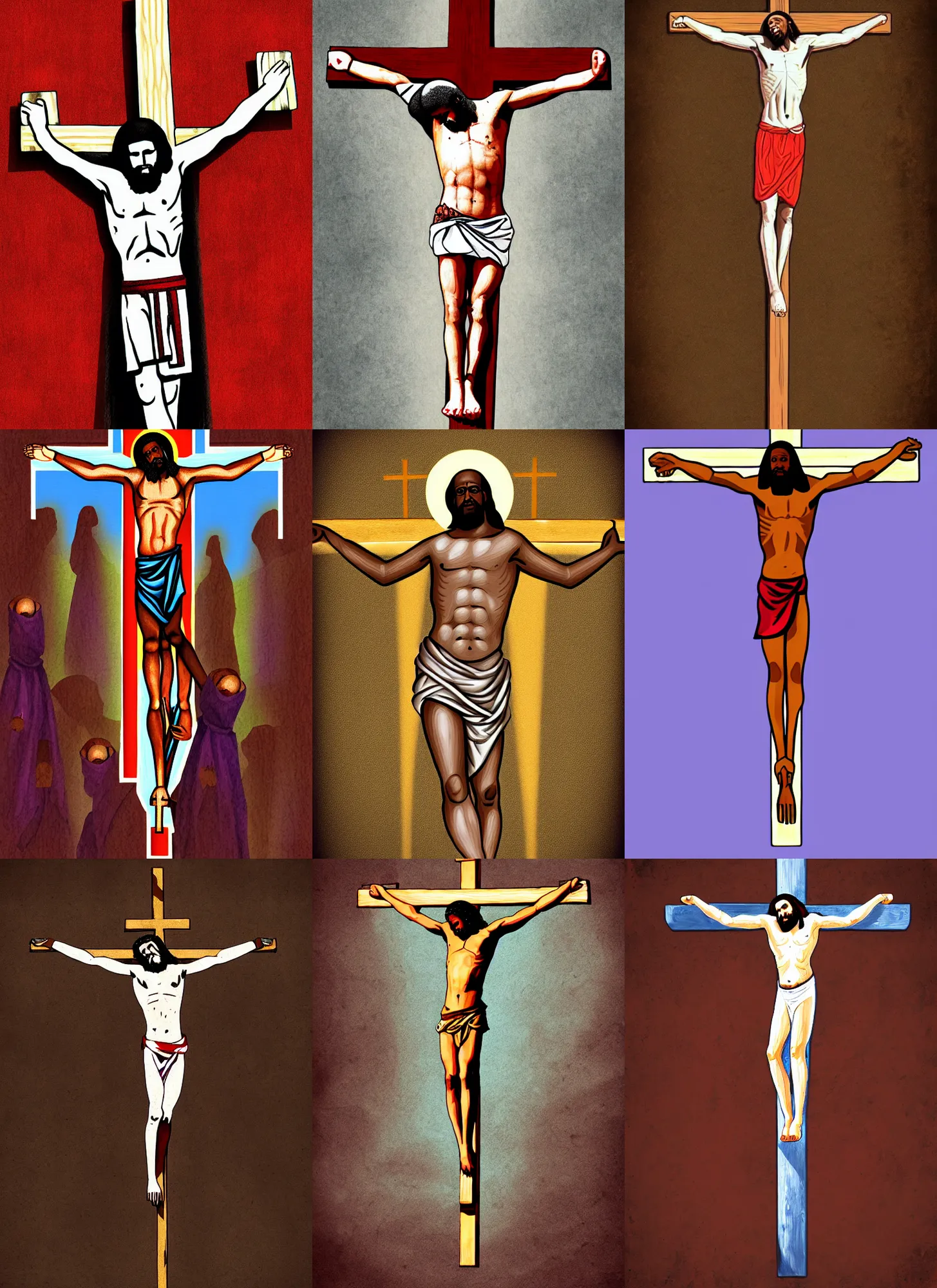 Prompt: shaquille o'neil crucified, jesus on the cross, digital art