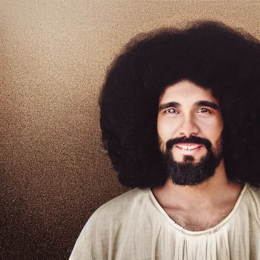 Image similar to jesus with a large afro, award winning portrait photography