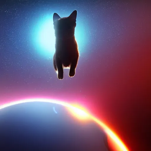 Image similar to a cat flying through space on a hoverboard, space clouds form the word anti behind it, unreal engine 5 render