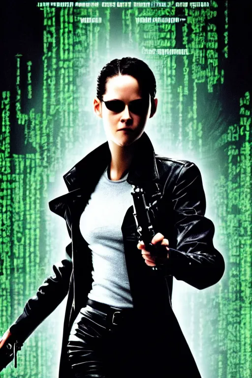 Prompt: a movie poster portrait taken from the matrix movie featuring ( kristen walker ) with long black braids, wearing futuristic sun glasses and black leather trench coat, holding a futuristic gun, green matrix computer code and light beams flash in the background, no text, extremely detailed, extremely symmetrical facial features, by kevin fiege 8 k