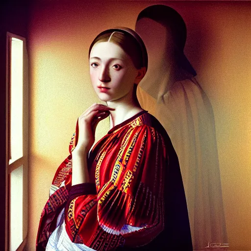 Image similar to hyperrealism photography in caravaggio style computer simulation visualisation of parallel universe sit - com scene with beautiful highly detailed ukrainian woman wearing ukrainian traditional shirt designed by taras shevchenko and wearing neofuturistic neural interface by josan gonzalez. hyperrealism photo on pentax 6 7, kodak portra 4 0 0 volumetric natural light - s 1 5 0