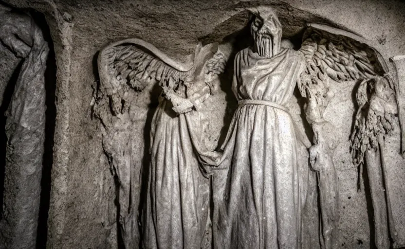 Image similar to several decrepit creepy statues of the archangel gabriel smirking at the camera, placed throughout a dark claustrophobic old catacomb, realistic, underexposed photography, bad camera footage, wide shot, sinister, low - lighting, foreboding, grainy photo