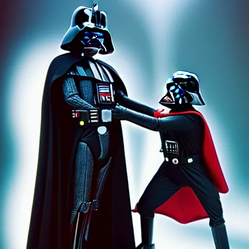 Prompt: photo of darth vader duelling with mr. bean, 8k