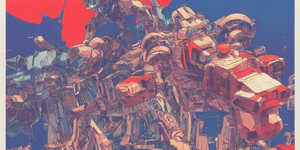 Image similar to risograph, gigantic mecha faces, no artifacts, tiny rats, a lot of exotic animals around, big human faces everywhere, by satoshi kon and moebius, matte blue colors, surreal design, crispy, super - detailed, a lot of tiny details, no blur, 4 k, fullshot