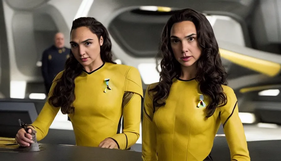 Image similar to Gal Gadot, wearing yellow, is the captain of the starship Enterprise in the new Star Trek movie