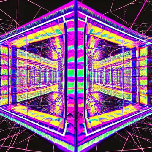 Image similar to a psychedelic fourth dimensional hypercube made of infinity mirrors