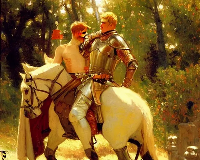 Prompt: arthur pendragon flirting wit his knight. highly detailed painting by gaston bussiere, craig mullins, j. c. leyendecker