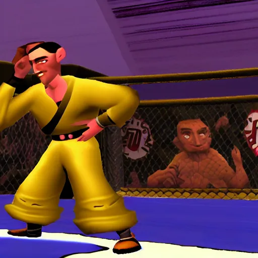 Prompt: character screenshot of ufc fighter sean o'malley in psychonauts, ps 2 graphics, dream world, sd video, cutscene