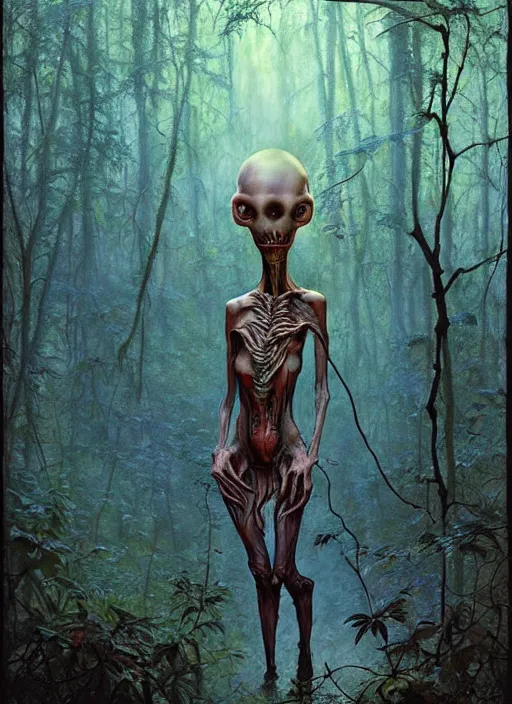 Image similar to hyper realistic spooky alien in the woods in a river gorgeous lighting, lush forest foliage blue sky a hyper realistic painting by chiara bautista and beksinski and norman rockwell and greg rutkowski, tom bagshaw weta studio, and lucasfilm