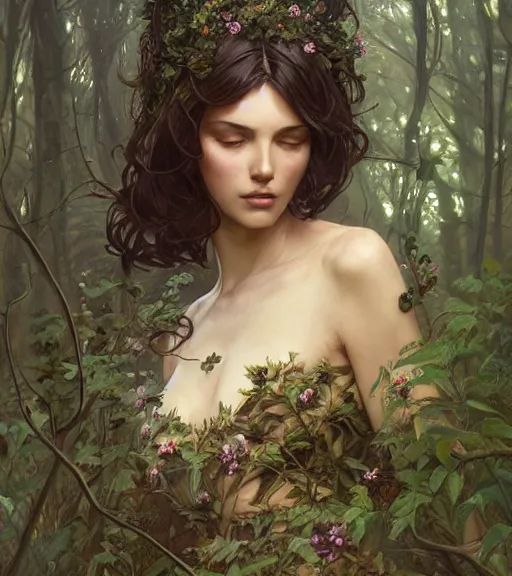 Image similar to beautiful cottagecore brunette woman, intricate, magical forest, stunning, highly detailed, digital painting, artstation, concept art, smooth, sharp, focus, illustration, art by artgerm and greg rutkowski and alphonse mucha