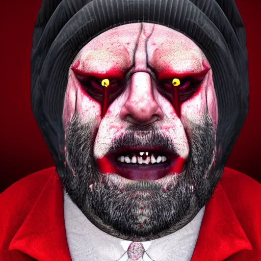 Image similar to A portrait of a Rabbi that is the devil with horns looking at the camera in anger, satan, red skin, dark, ominous, haunting, sinister, close-up, studio lighting, realism, 8k, 3D render, octane 3D, maya, cinema 4D, Blender, red lighting, scary, horror, dark,