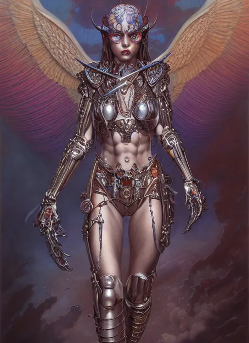 Prompt: hyper detailed masterpiece evil angel girl warrior by donato giancola and tom bagshaw, face by artgerm and edmund leighton, and h. r. giger, trending on artstation, colorful, psychedelic aesthetic, ornate, background by james jean, 8 k, biomechanical, majestic, volumetric lighting, porcelain skin, concept art, sharp focus