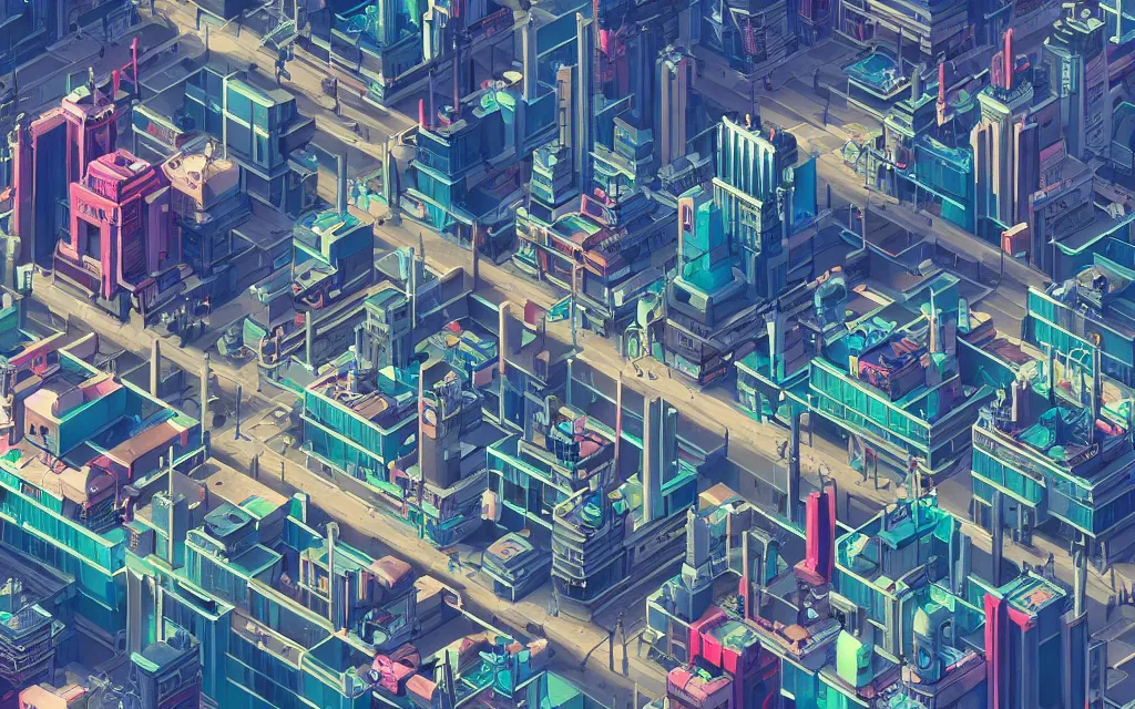 Prompt: a city in a cyberpunk town, isometric aerial view, futuristic, high rise, buildings, neon signs, illustration, very detailed, award winning, artstation, artgem, hyperealistic