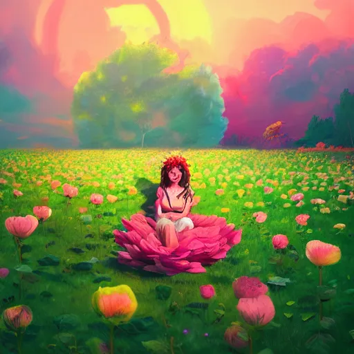 Image similar to giant rose flower head, full body girl sitting in a flower field, surreal photography, sunrise, dramatic light, impressionist painting, colorful clouds, digital painting, artstation, simon stalenhag