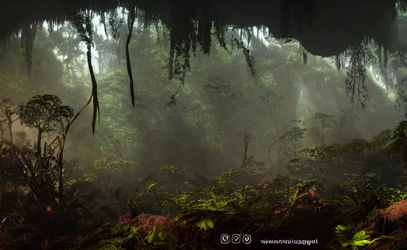 Prompt: a beautiful render of a dark prehistoric rainforest in a humongous cave, lush flora, patches of yellowish - red - magenta sky, sunset lighting, military!! industrial!! facility!!, intricate detail, hazy, humid, volumetric lighting, god rays, 8 k, photorealistic, raytracing effects, unreal engine 5