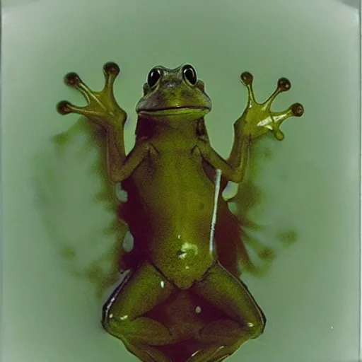 Image similar to frog in jesus christ pose levitating over misty water, polaroid photography by andrey tarkovski, paranormal, spiritual, mystical