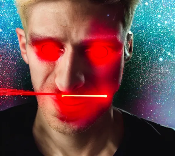 Image similar to hyper realistic portrait of a man with blonde two sides hair and thin face lines, he is throwing red lasers with his eyes and is very angry