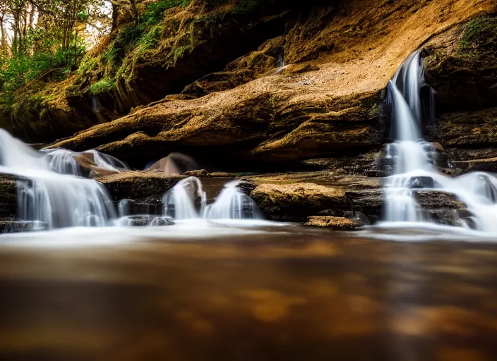 Image similar to a 2 8 mm macro photo of a flowing river and waterfalls in a huge canyon, splash art, movie still, bokeh, canon 5 0 mm, cinematic lighting, dramatic, film, photography, golden hour, depth of field, award - winning, anamorphic lens flare, 8 k, hyper detailed, 3 5 mm film grain, hazy