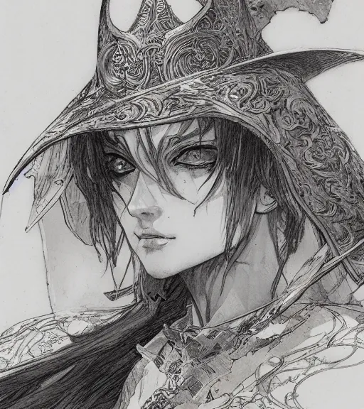 Image similar to portrait of anime woman wearing witch hat in armor, pen and ink, intricate line drawings, by craig mullins, ruan jia, kentaro miura, greg rutkowski, loundraw