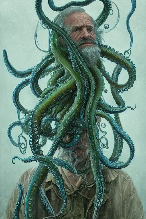 Prompt: portrait of an old fisherman with tentacles growing on him, blue and green, eldritch, d & d, face, fantasy, intricate, elegant, highly detailed, digital painting, artstation, concept art, smooth, sharp focus, illustration, art by greg rutkowski