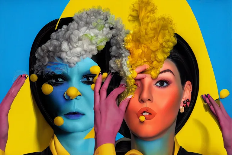 Prompt: a fractal woman with a yellow face and black hair, a pop art painting by joe jusko, trending on cgsociety, pop surrealism, photoillustration, daz 3 d, pop art