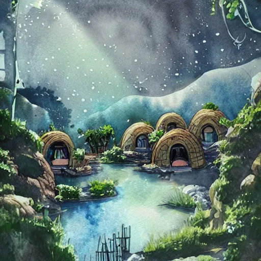 Prompt: beautiful happy picturesque charming sci - fi organic dome - like homes in a beautiful natural scene. water, trees and rocks. beautiful light. soft colour scheme. beautiful artistic detailed watercolor by lurid. ( 2 0 2 2 )