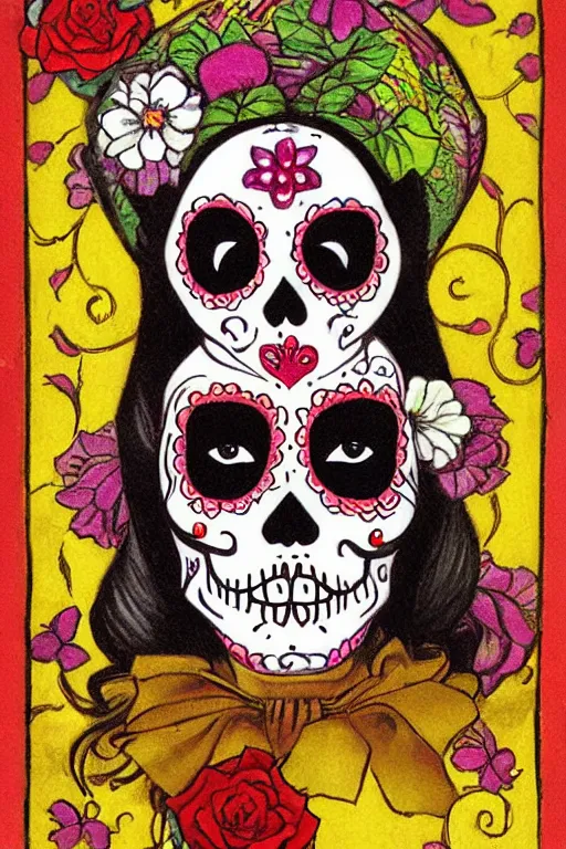 Prompt: Illustration of a sugar skull day of the dead girl, art by Paul Gustav Fischer