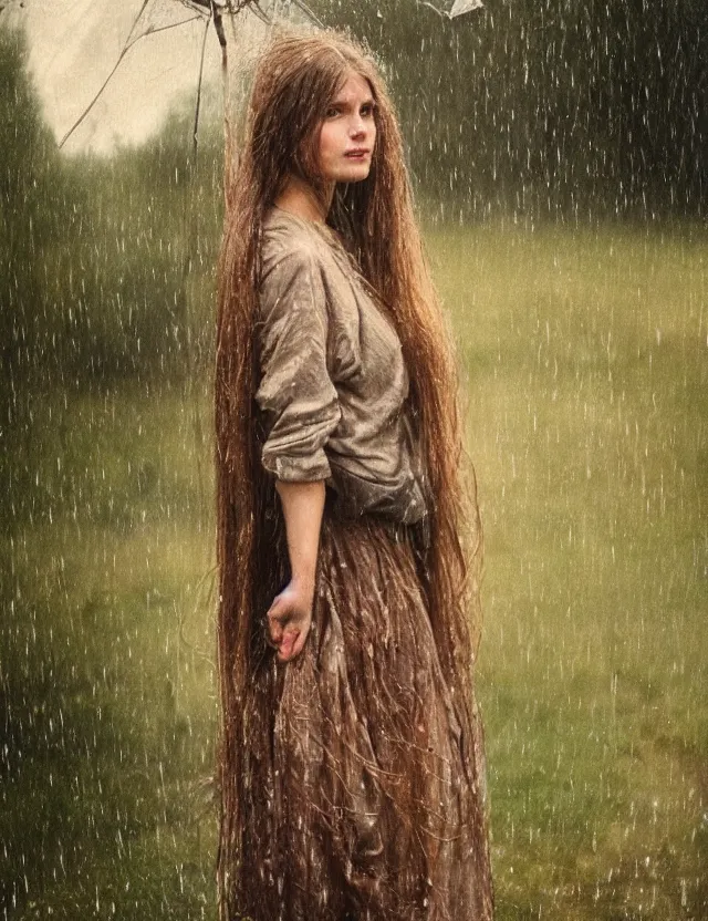 Prompt: wet long hair very beautiful happy peasant girl under the rain, country style, portrait, Cinematic focus, Polaroid photo, vintage, neutral colors, soft lights, foggy, by Steve Hanks, by Serov Valentin, by lisa yuskavage, by Andrei Tarkovsky 8k render, detailed, oil on canvas